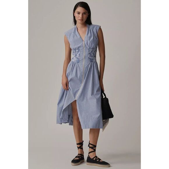 Anthropologie Tommie Cap-Sleeve Smocked Front-Zip Shirt Dress Shine Edition S - Picture 1 of 5